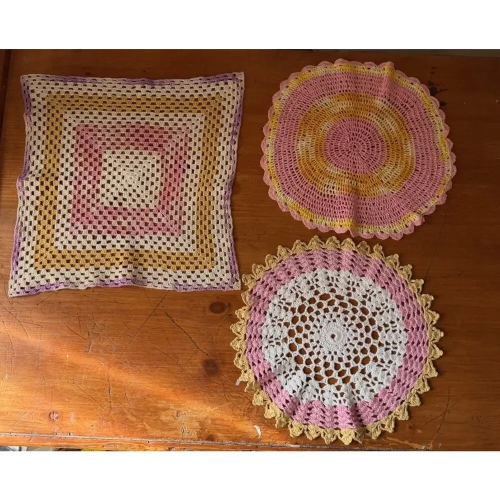 Vintage Crochet Doily Set Pink Yellow White Granny Square Mandala Table Mats